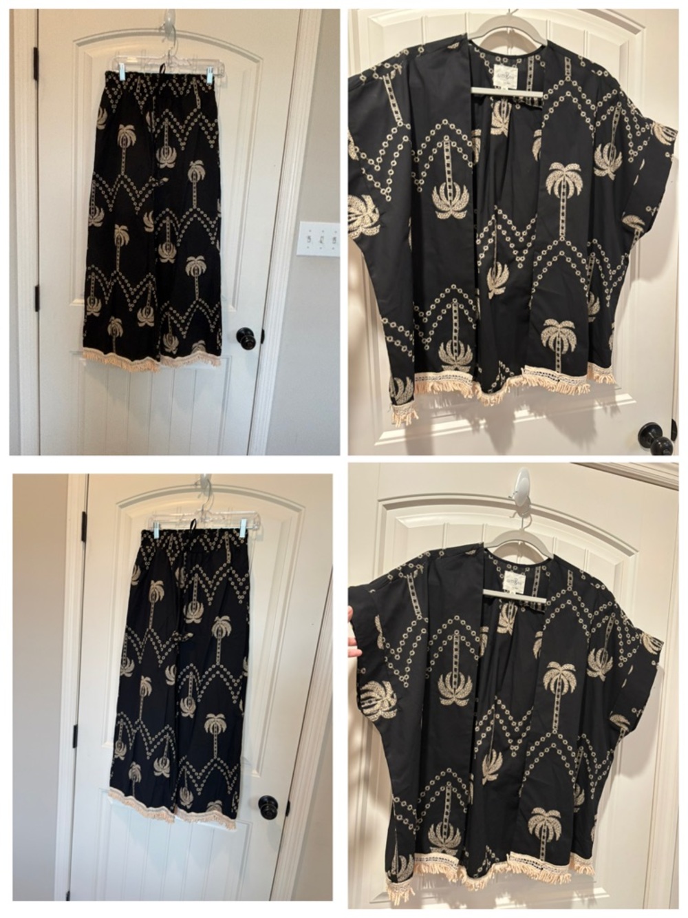 Umgee Black pants & Kimono Set with Cream Palm Print
